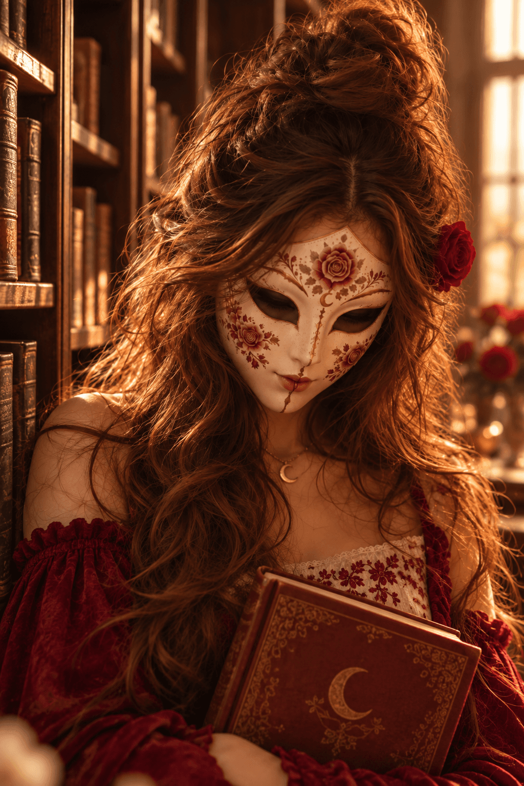 Mulher de máscara clara com rosas pintadas lendo um livro vinho com uma rosa vermelha na mão, entre páginas e pétalas flutuando, diante de uma torre feita de livros num céu dourado de fim de tarde.