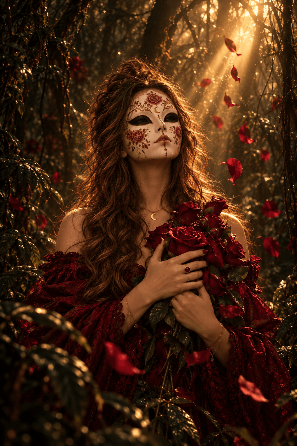 Mulher de máscara clara com rosas pintadas, na mata, segurando rosas vermelhas junto ao peito e olhando para a luz que desce entre as árvores, enquanto pétalas sobem no ar.