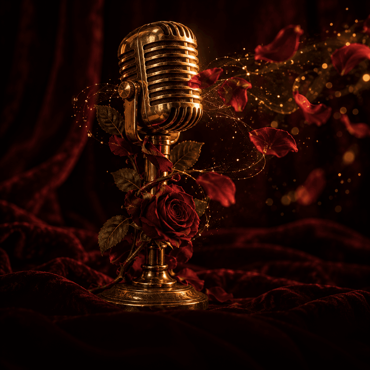 Microfone antigo de rádio, dourado, com uma rosa vermelha enrolada no pedestal e pétalas e partículas de luz saindo dele, sobre veludo vinho.