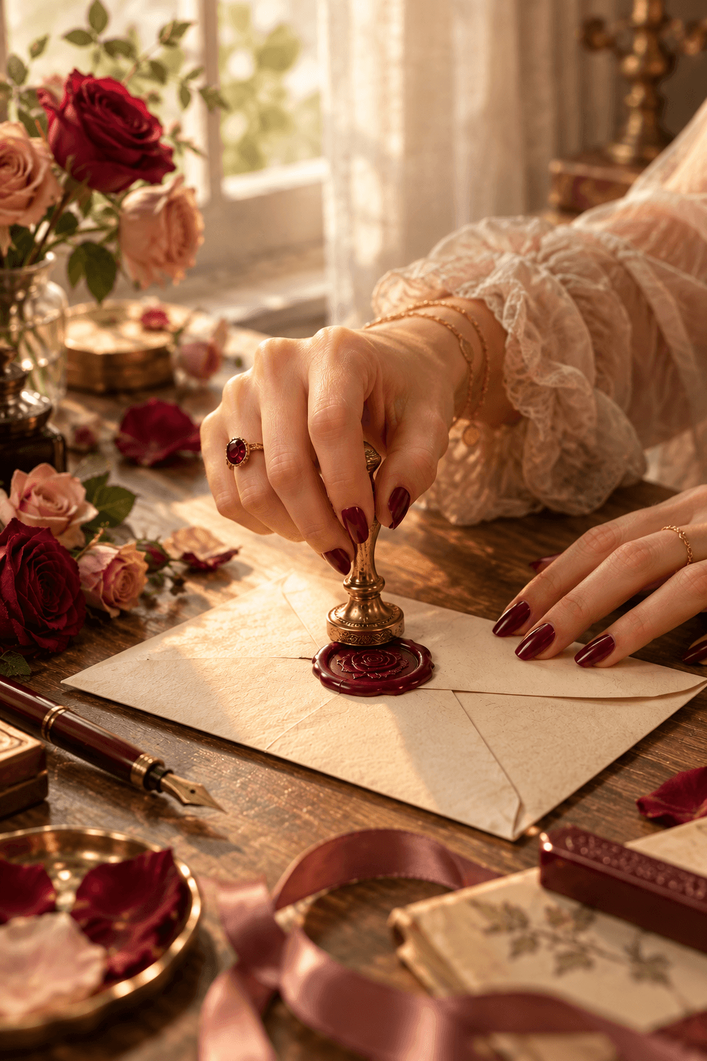Mãos de unhas vinho e anel vermelho pressionando um carimbo de rosa na cera vinho de uma carta, ao lado de uma rosa vermelha.