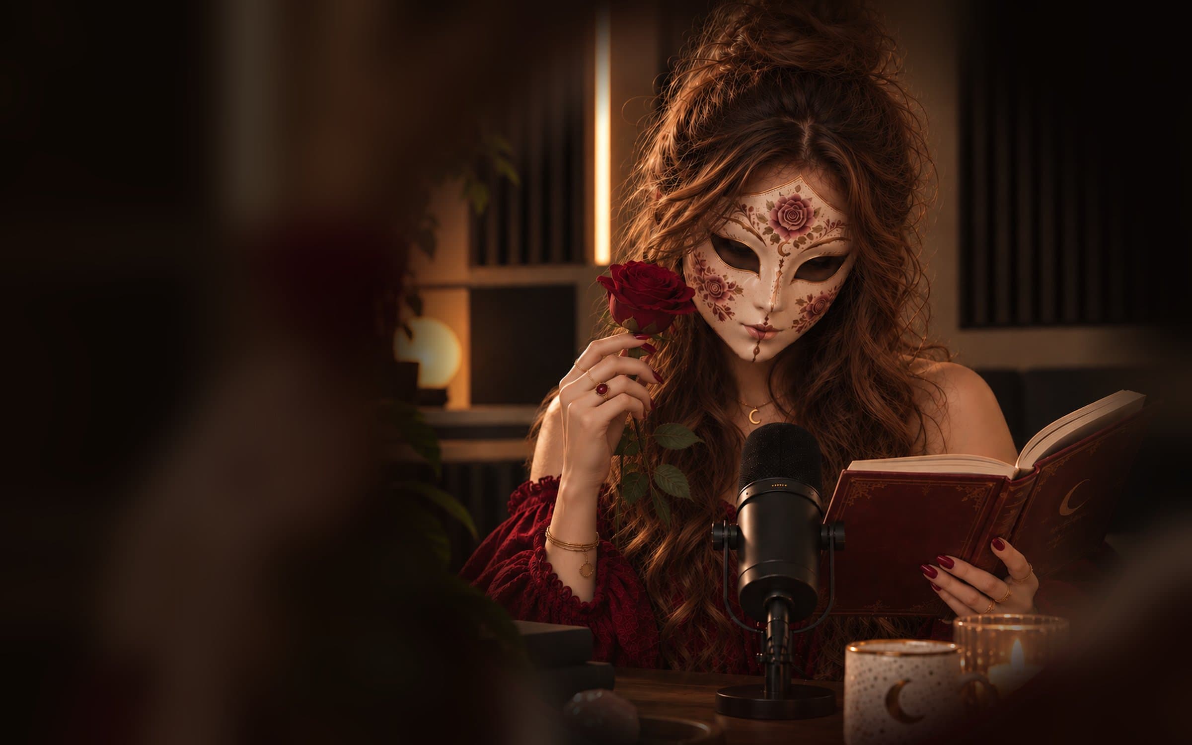 Mulher de máscara veneziana bordada com rosas, segurando uma rosa vermelha e lendo um livro diante de um microfone, à luz de velas.